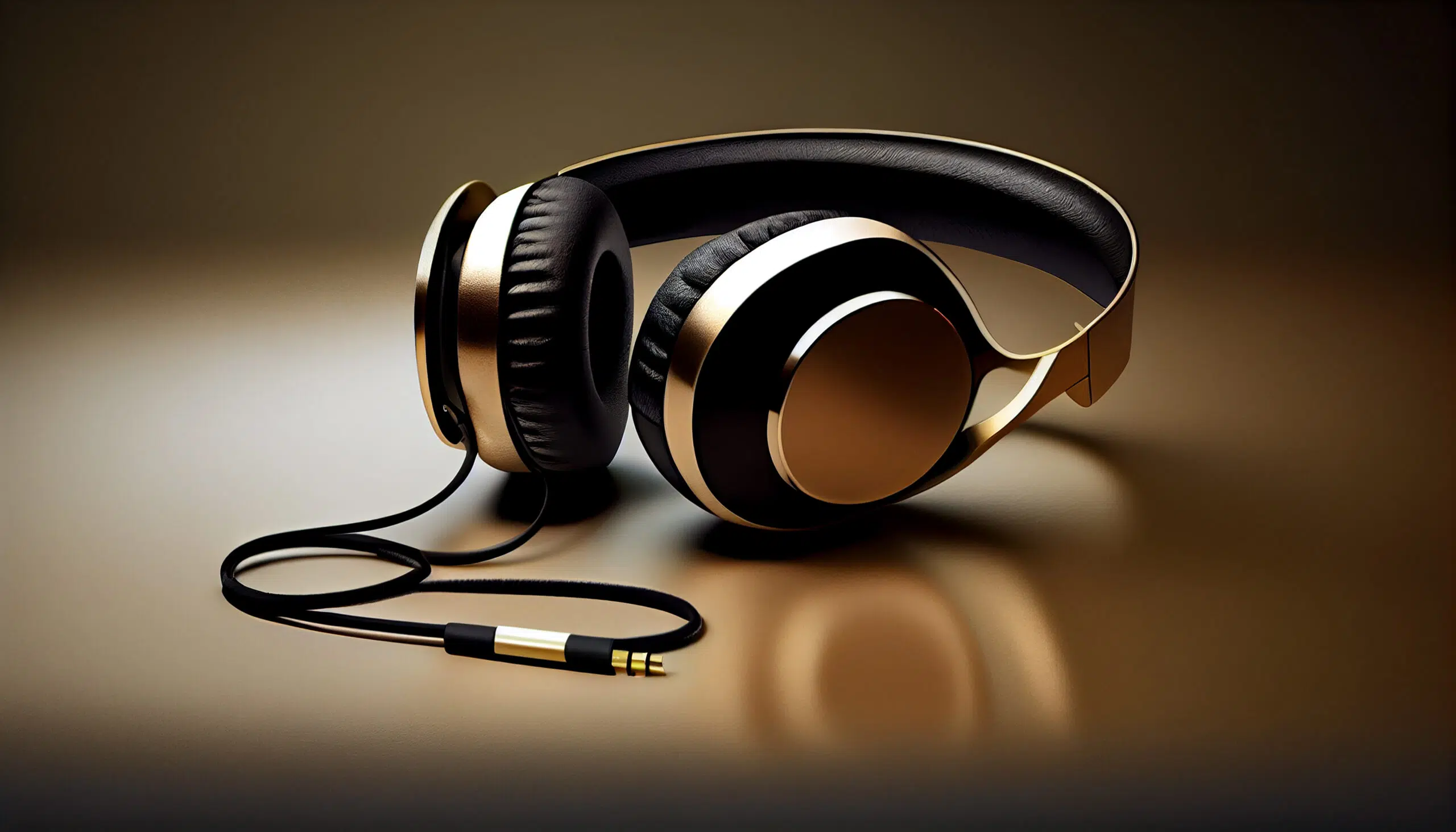 shiny black headphones reflect golden nightclub lights generated by ai scaled