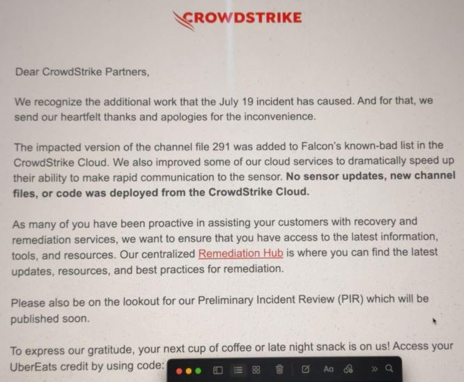 CrowdStrike Offers an UberEats Voucher to Compensate for the Disaster It Caused (1)