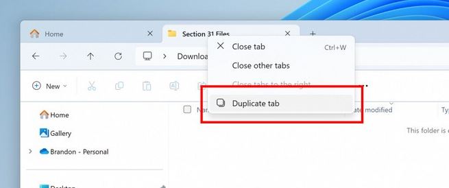 Windows 11 Update; Duplicate tab option in File Explorer