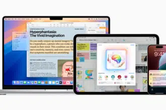 A MacBook, iPad, and iPhone displaying various apps and features, showcasing Apple's ecosystem and seamless device integration.