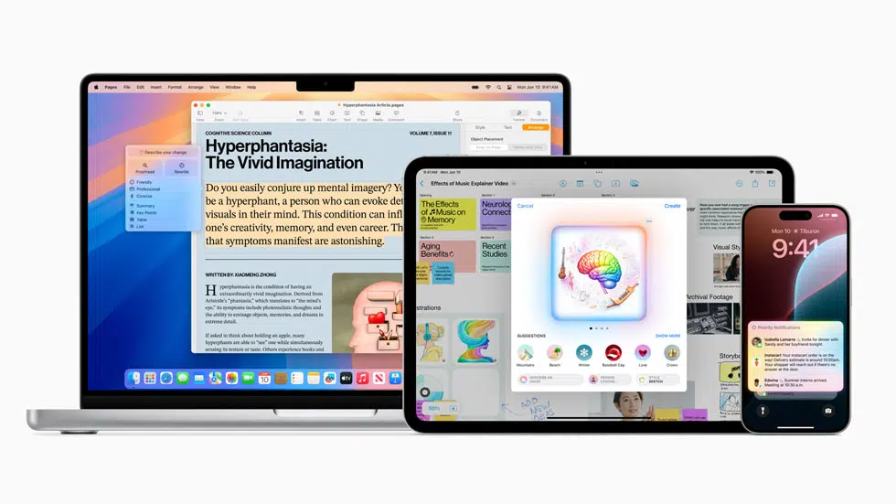 A MacBook, iPad, and iPhone displaying various apps and features, showcasing Apple's ecosystem and seamless device integration.