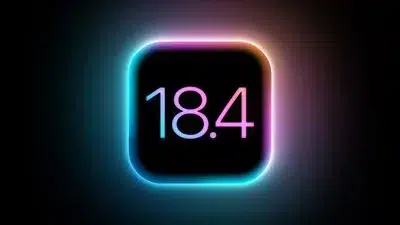 A glowing, neon-outlined icon displays "18.4" on a black background, likely referring to an iOS or software update.