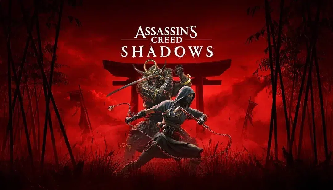 A hooded assassin and a samurai warrior stand in front of a red backdrop with a Torii gate silhouette, bamboo stalks, and the "Assassin’s Creed Shadows" logo overhead.