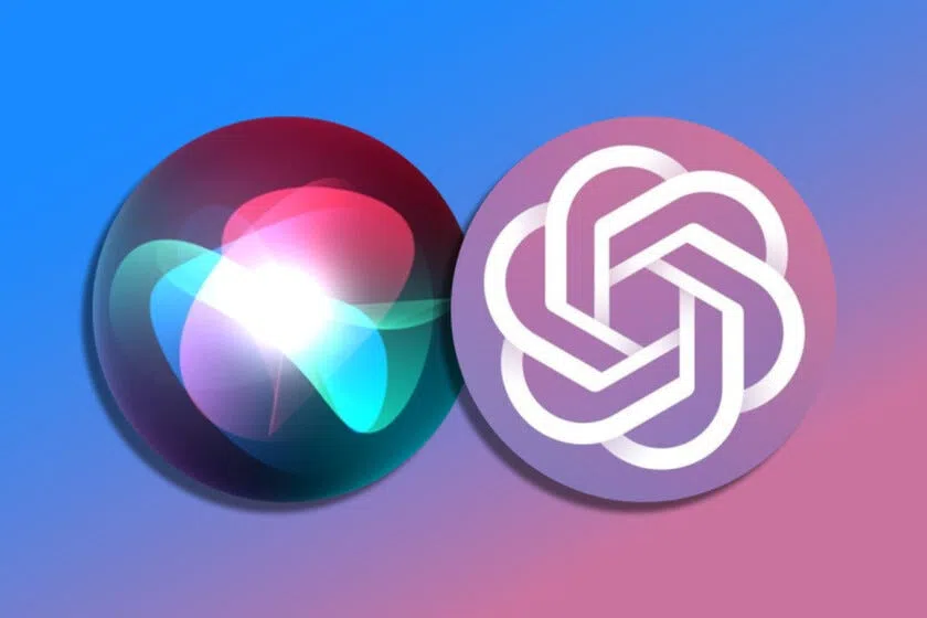 Logos of Apple Siri and OpenAI, placed side by side on a gradient blue and pink background, representing AI technology and virtual assistants.